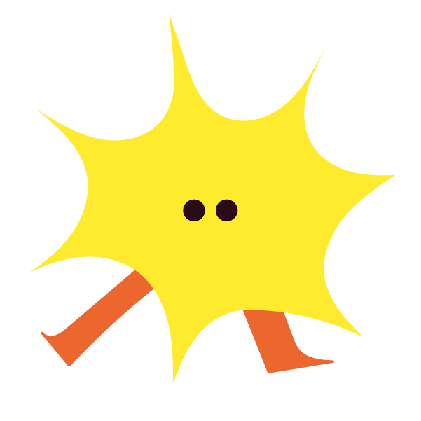 Ein gelber Stern, mit schwarzen runden Augen und orangenen Beinen.