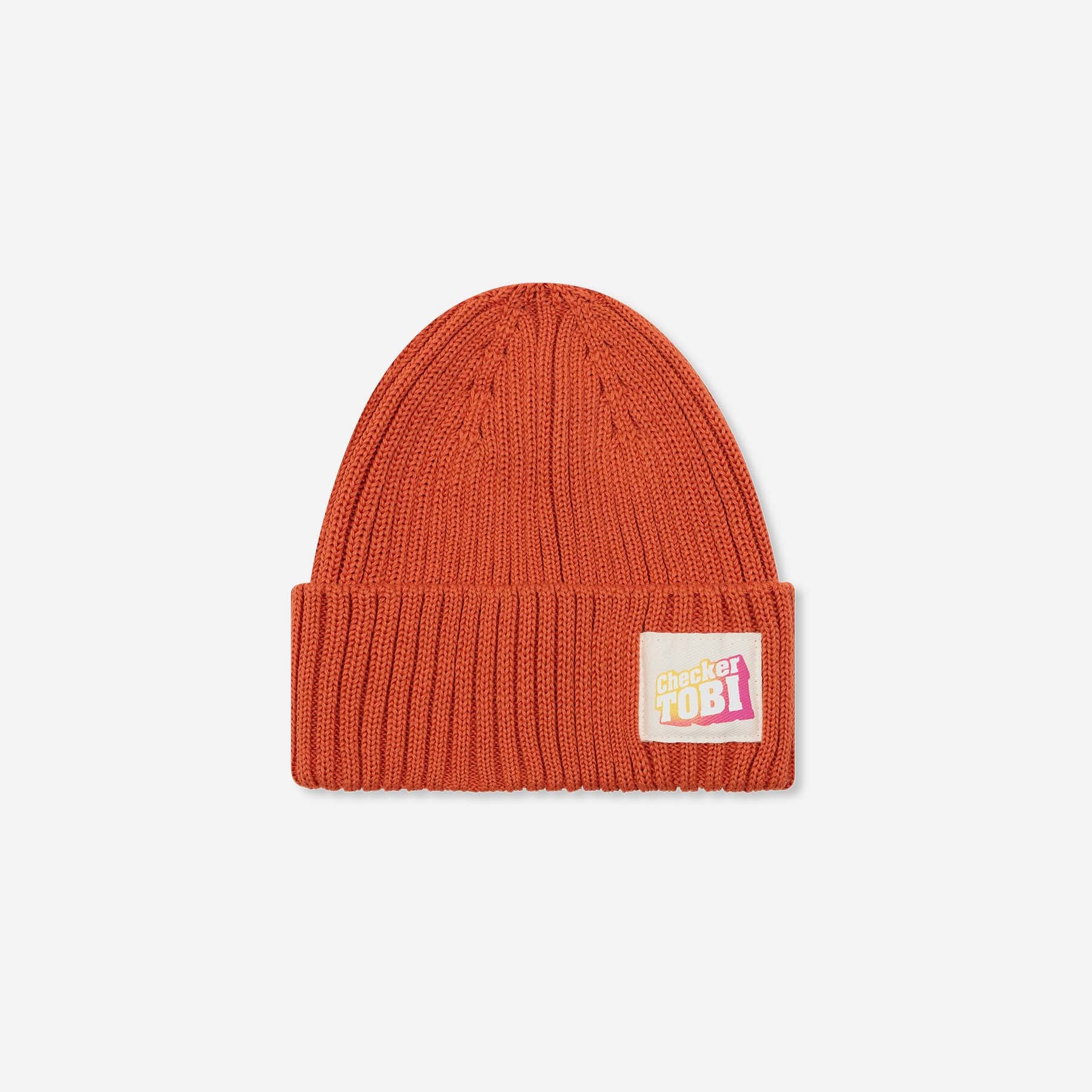 Checker Tobi LOGO Mütze in Hot Chili von PlayPlayPauly – Vorderansicht der Grobstrick-Beanie aus Bio-Baumwolle, Made in Germany.