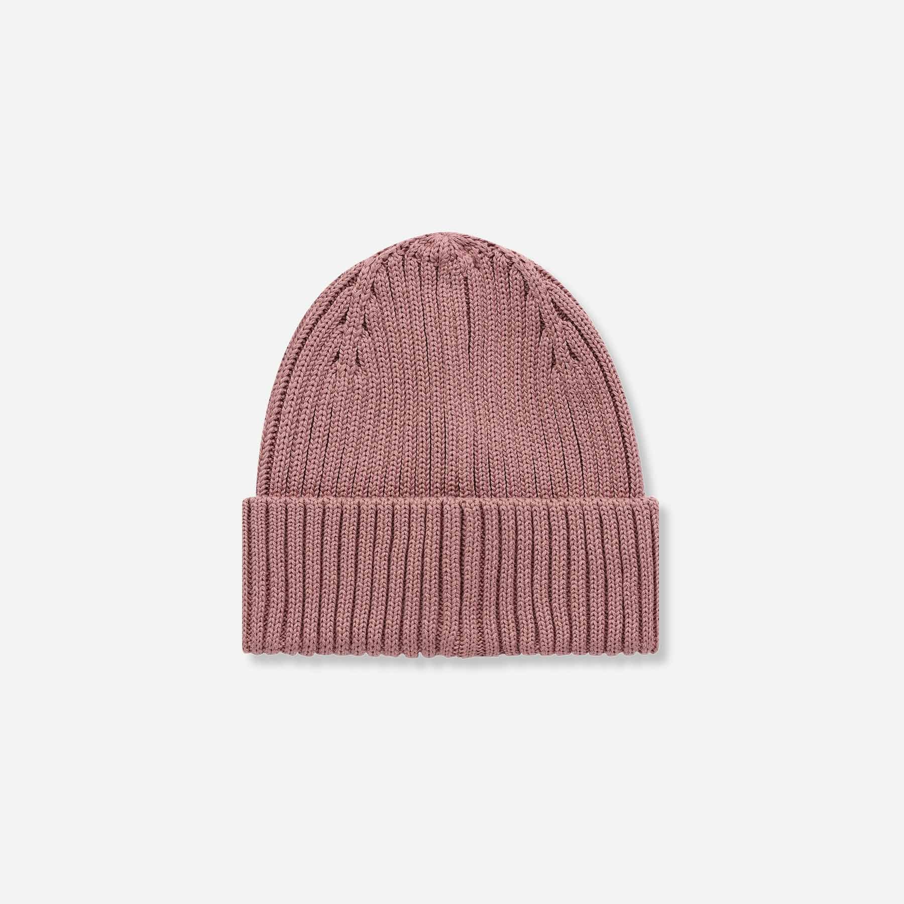 Rückansicht der Checker Tobi Mütze in Mauve – Grobstrick Bio-Baumwolle, fair und nachhaltig produziert in Deutschland.