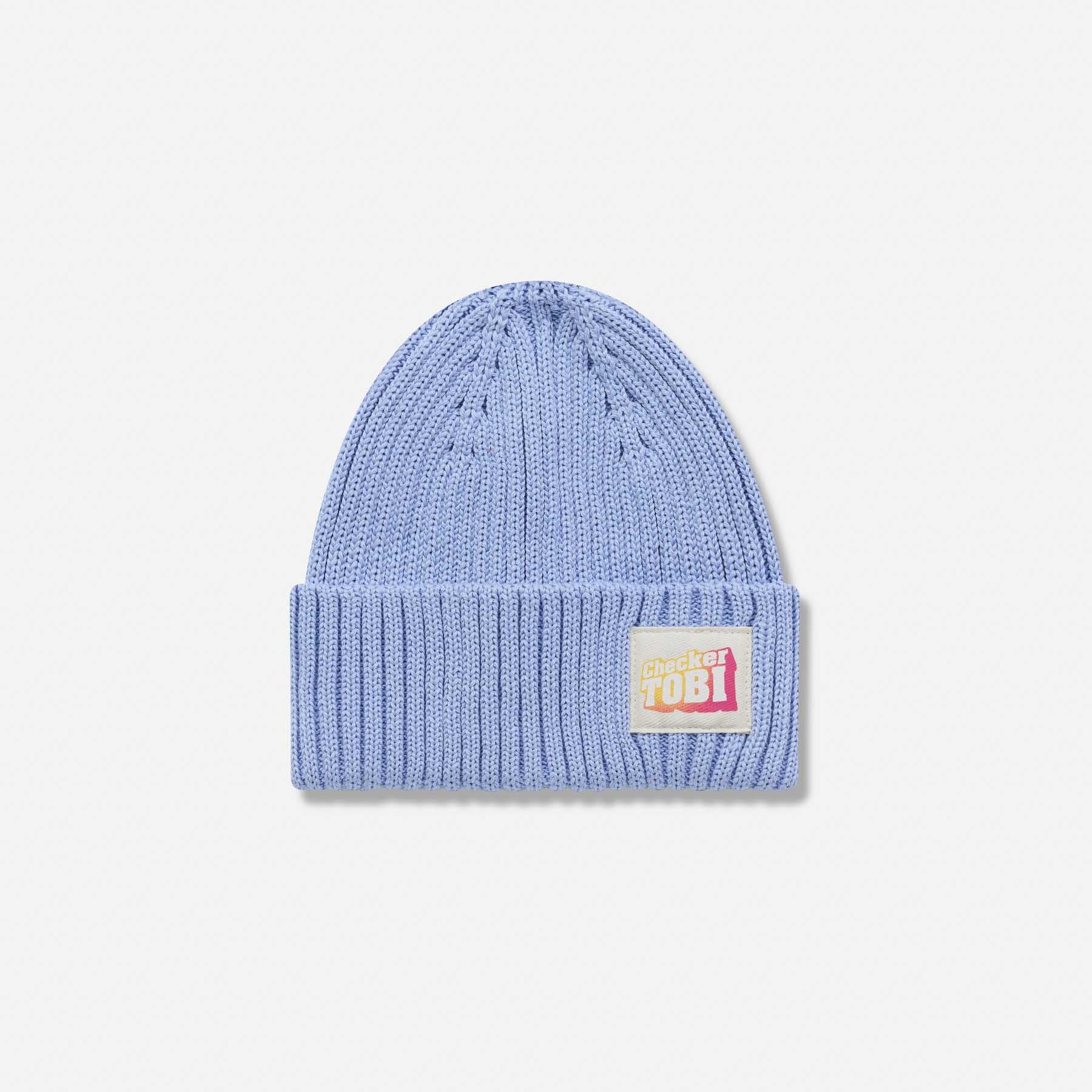 Checker Tobi LOGO Mütze in Pastel Horizon von PlayPlayPauly – Vorderansicht der Grobstrick-Beanie aus Bio-Baumwolle, Made in Germany.