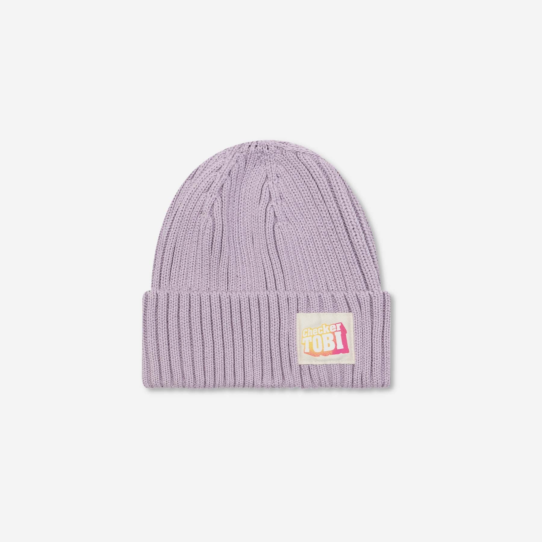 Checker Tobi LOGO Mütze in Orchid von PlayPlayPauly – Vorderansicht der Grobstrick-Beanie aus Bio-Baumwolle, Made in Germany.