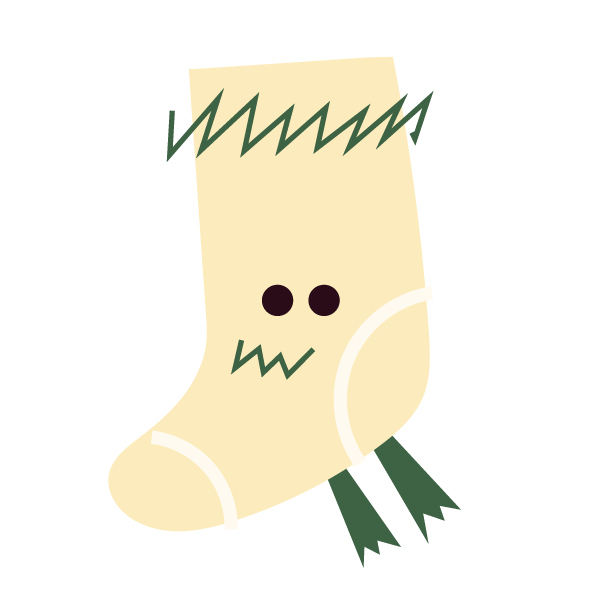 Eine Illustrierte Socke in der Farbe Butter yellow, mit schwarzen runden Augen und tannengrünen Details