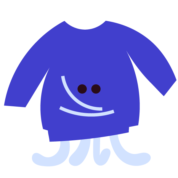 Ein illustriertes Sweatshirt in blau, mit schwarzen runden Augen mit witzigen Details in hellblau.