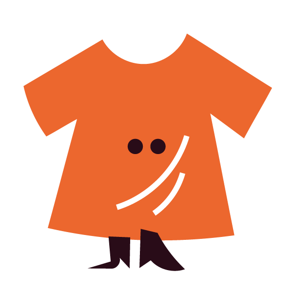 Ein illustriertes T-Shirt in orange mit schwarzen runden Augen und weiteren witzigen Details, die die Grafik lebendig werden lässt. 