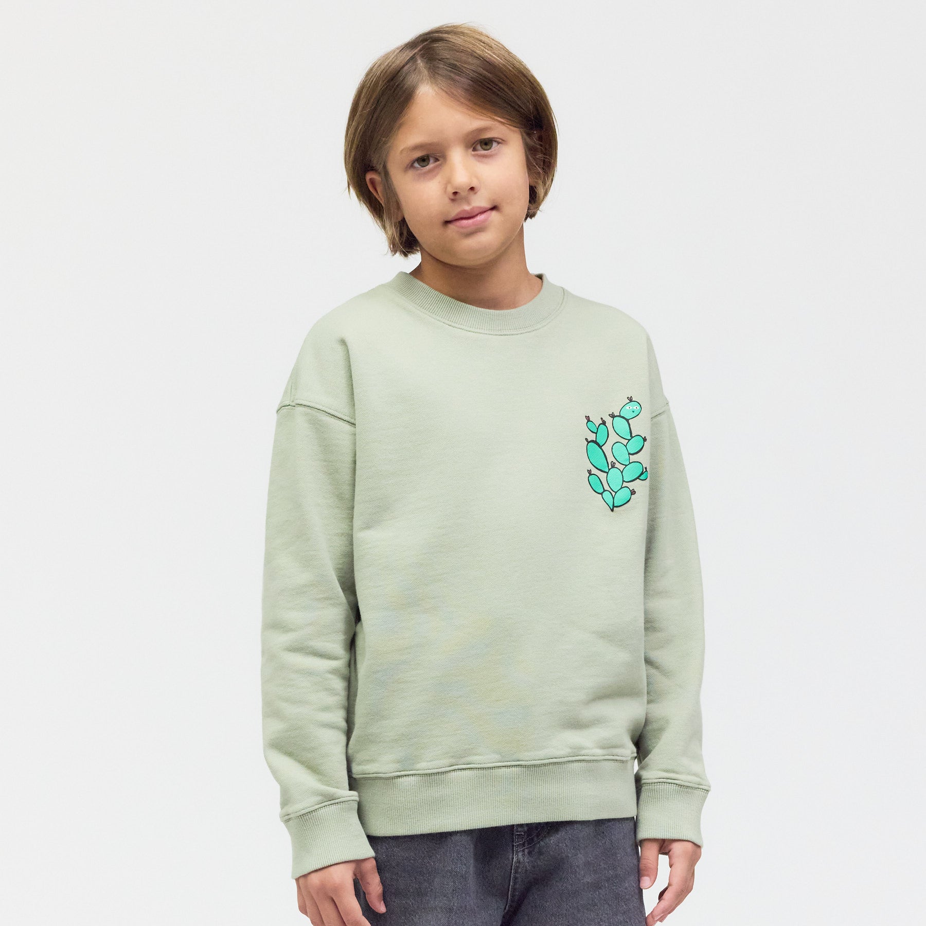 Kind trägt das salbeigrüne Checker Tobi Sweatshirt mit Kaktus-Grafik – weiche Premium-Qualität und brillanter Siebdruck, Made in Portugal.