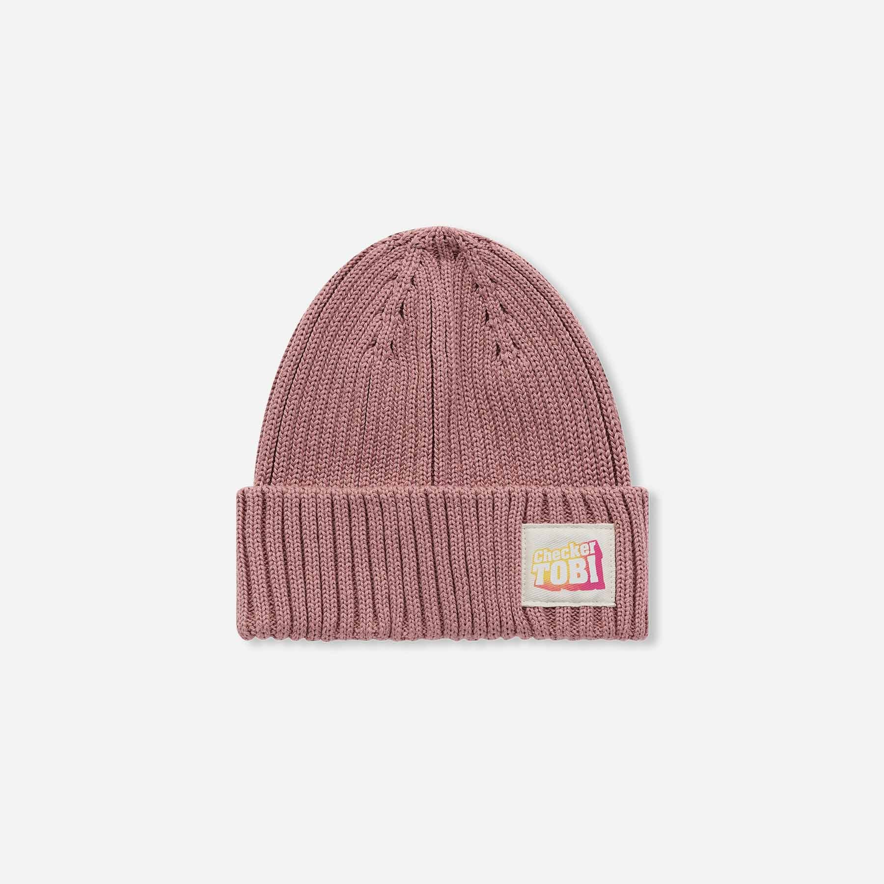 Checker Tobi LOGO Mütze in Mauve von PlayPlayPauly – Vorderansicht der Grobstrick-Beanie aus Bio-Baumwolle, Made in Germany.
