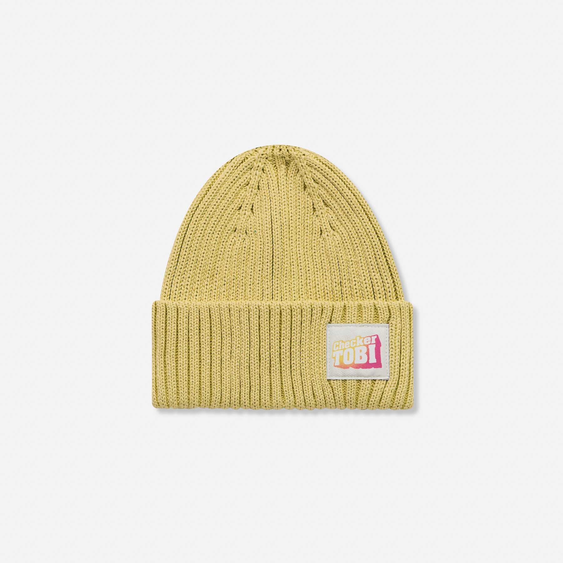Checker Tobi LOGO Mütze in Morning Sun von PlayPlayPauly – Vorderansicht der Grobstrick-Beanie aus Bio-Baumwolle, Made in Germany.